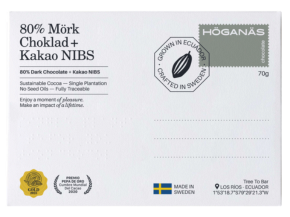 Höganäs tablette de chocolat 80% cacao + nibs 70g