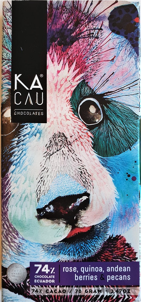 KACAU chocolat 74% cacao + rose, quinoa, mûre, noix de pécans 70g
