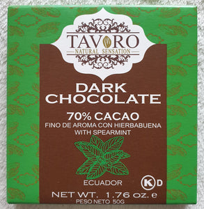 TAVORO chocolat 70% cacao avec menthe, 50g